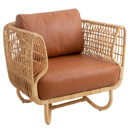 Cane-Line Nest Rattan fauteuil met leer cognac zitkussen indoor